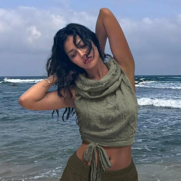 ⚡Women's Olive Green Crop Tank Boho Open Back Cross Wrap Swim Cover Up Top - Picture 7 of 7